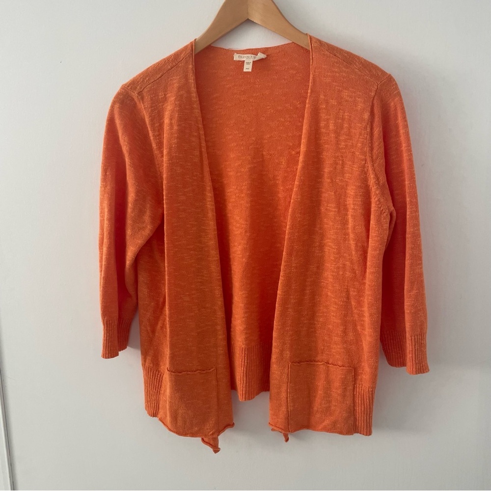 Eileen Fisher Orange Linen Open Front Cardigan Petite M